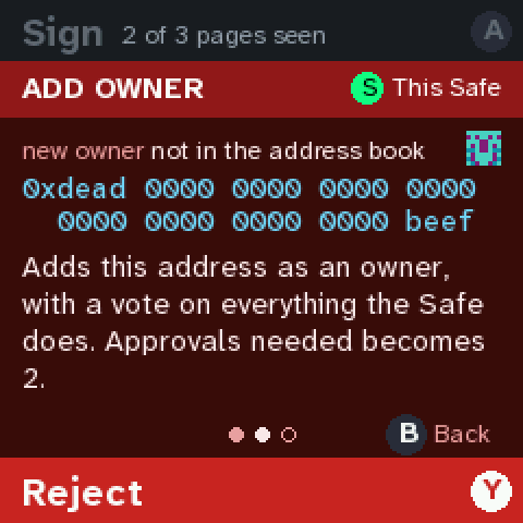 A red page: add owner 0xdead…beef, not in the address book.